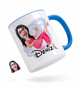BK Gift Kişiye Özel Kadın Patroniçe Karikatürlü Mavi Kupa Bardak-1