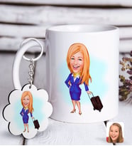 BK Gift Kişiye Özel Hostes Karikatürlü Beyaz Kupa ve Anahtarlık Hediye Seti-2 (Model 1)