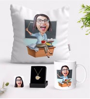 BK Gift Kişiye Özel Bayan Öğretmen Karikatürlü Beyaz Kupa Yastık ve İsimli Papatya Kolye Hediye Seti-2 (Model 1)