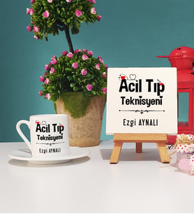 Acil Tıp Teknisyeni Tasarımlı Kişiye Özel Hediye Acil Tıp Teknisyeni Türk Kahvesi Fincanı ve Dekoratif Taş Baskı Seti
