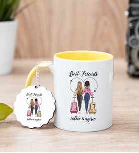 Best Friends İki İsimli Sarı Kupa Bardak ve Anahtarlık Set