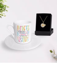 BK Gift Kişiye Özel Dünyanın En İyi Öğretmeni Türk Kahvesi Fincanı ve İsimli Papatya Kolye Hediye Seti-6 (Model 1)