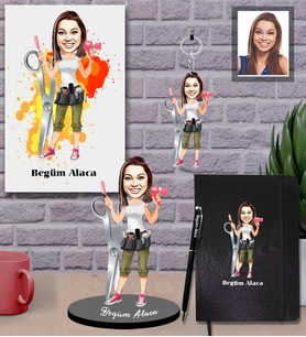 Kişiye Özel Kuaför Bayan Karikatürlü 5 li Hediye Seti  Mod-1