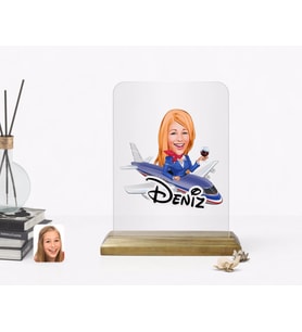 BK Gift Kişiye Özel Hostes Karikatürlü Ahşap Standlı Çerçeve-1 (Beyaz)