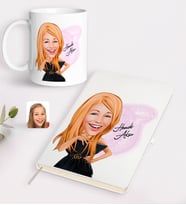 BK Gift Kişiye Özel Kadın Moda İkonu Karikatürlü Beyaz Defter ve Kupa Hediye Seti-2 (Model 1)