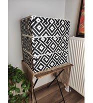 3 Adet - Kare Desenli Sert Hurç - Kapaklı Dekoratif Organizer Kutu - Çok Amaçlı Baza Altı Kutu 50x40x19cm