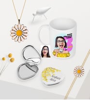 Kadınlara Özel Karikatürlü Kupa Çiçekli Ayna Papatya Kolye Bileklik Seti - 3 (Model 1)
