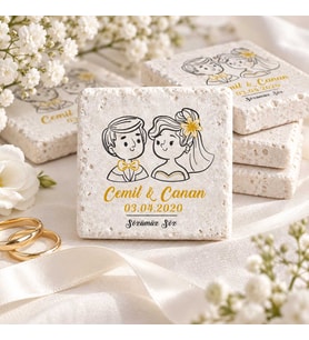 30 Adet Kişiye Özel Baskılı Doğal Taş Magnet 5x5cm Söz, Nikah, Nişan Hatırası (Beyaz)