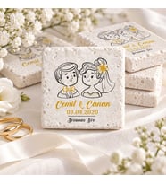 30 Adet Kişiye Özel Baskılı Doğal Taş Magnet 5x5cm Söz, Nikah, Nişan Hatırası (Beyaz)
