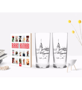 BK Gift Kişiye Özel Renkli Baskılı Kız Kulesi Tasarımlı İkili Rakı Bardağı ve Rakı Cep Kitabı Hediye Seti-2 (Model 1)