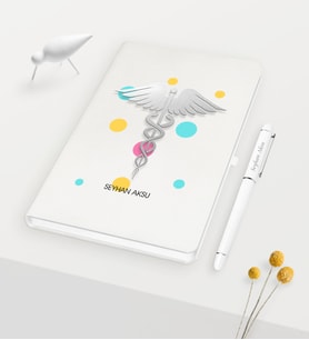 BK Gift Kişiye Özel Tıp Sembolü Temalı Beyaz Defter Kalem Seti - 1