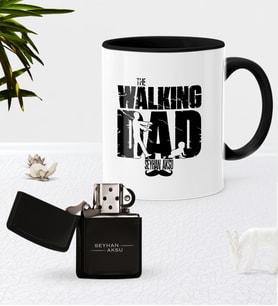 BK Gift Kişiye Özel The Walking Dad Siyah Kupa Bardak Benzinli Metal Çakmak Seti (Model 1)