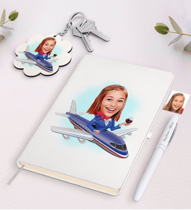 BK Gift Kişiye Özel Hostes Karikatürlü Beyaz Defter Kalem ve Anahtarlık Hediye Seti-1 (Model 1)