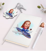 BK Gift Kişiye Özel Hostes Karikatürlü Beyaz Defter Kalem ve Anahtarlık Hediye Seti-1 (Model 1)