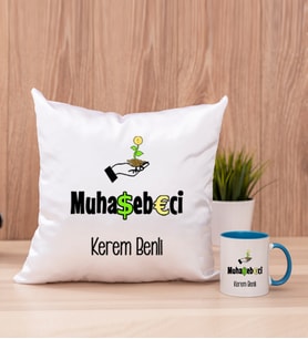 Muhasebeci Kare Yastık ve Mavi Kupa Bardak