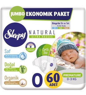 Sleepy Bebek Bezi Naturel Beden:0 (0-3Kg) Premature 60 Adet Jumbo Ekonomik Pk