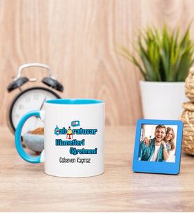 Laboratuvar Hizmetleri Öğretmeni Mavi Kupa ve Mavi Mini Fotoğraf Çerçevesi