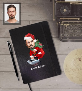 Kişiye Özel Yılbaşı Erkek Karikatürlü Siyah Defter Kalem Hediye Seti Model-2