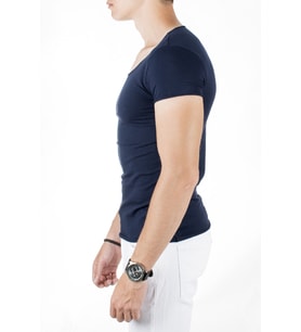 DeepSEA Lacivert Geniş Yaka Likralı Tişört Oval Yaka Slim Fit Eteği Oval Açık Yaka T-shirt 1801199