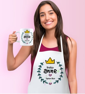 BK Gift Kişiye Özel Kraliçe Anne Mutfak Önlüğü Kupa Seti (Beyaz)