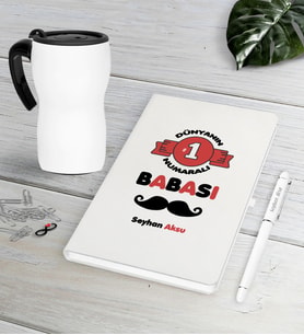 BK Gift Kişiye Özel Dünyanın 1 Numaralı Babası Beyaz Defter Kalem Termos Mug Seti (Model 1)