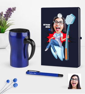 BK Gift Kişiye Özel Bayan Diş Hekimi Karikatürlü Lacivert Defter Kalem Termos Mug Seti-3 (Model 1)