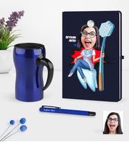 BK Gift Kişiye Özel Bayan Diş Hekimi Karikatürlü Lacivert Defter Kalem Termos Mug Seti-3 (Model 1)