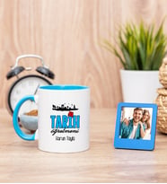 Tarih Öğretmeni Mavi Kupa Bardak ve Mavi Mini Fotoğraf Çerçevesi