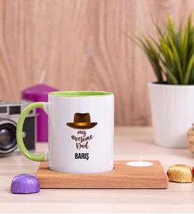 Awesome Dad Babaya Hediye Ahşap Altlıklı Mumlu Yeşil Kupa Bardak