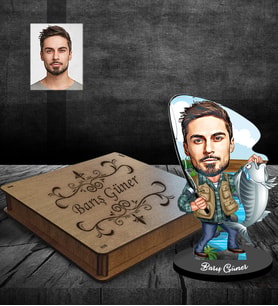 Kişiye Özel Balıkçı Karikatürlü Ahşap Biblo Kutulu Bay-2