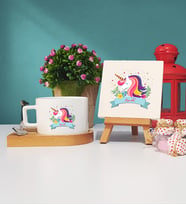 Unicorn Tasarımlı İsme Özel Unicorn Ahşap Altlıklı Fincan ve Dekoratif Taş Baskı Seti