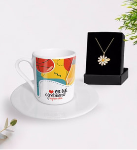 BK Gift Kişiye Özel En İyi Öğretmen Türk Kahvesi Fincanı ve İsimli Papatya Kolye Hediye Seti-5 (Model 1)