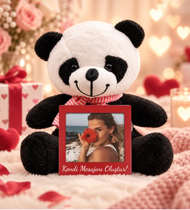 Tatlı Peluş Panda & Kişiye Özel Fotoğraf Çerçevesi Hediye Seti (Siyah)