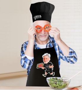 BK Gift Kişiye Özel Bay Chef Karikatürlü Siyah Mutfak Önlüğü Aşçı Şapkası Seti-2