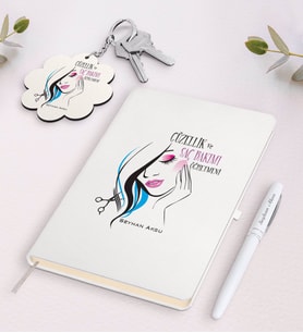 BK Gift Kişiye Özel Güzellik Ve Saç Bakımı Öğretmeni Beyaz Defter Kalem Ve Anahtarlık Hediye Seti (Model 1)