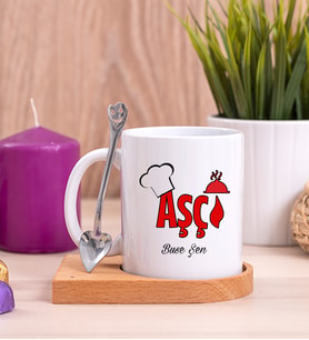 Aşçı Ahşap Altlıklı Beyaz Kupa Bardak