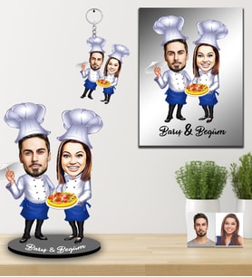Kişiye Özel Aşçı Sevgili Karikatürlü 3 lü Hediye Seti Model-1