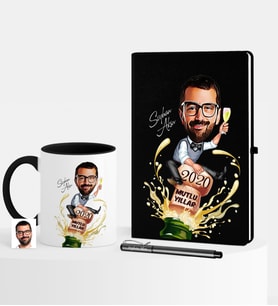 BK Gift Kişiye Özel Yılbaşı Temalı Bay Karikatürlü Siyah Defter Kalem Kupa Seti - 6