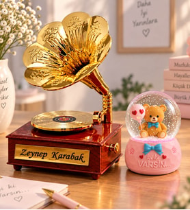 Kişiye Özel İsmeli Nostaljik Gramafon Müzik Kutusu & İyi Ki Varsın Kar Küresi