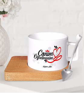 BK Gift Kişiye Özel Canım Öğretmenim Ahşap Altlıklı Seramik Fincan-1 (Beyaz)