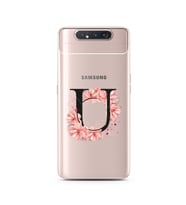 Pembe Çiçekli Harf Tasarım Süper Şeffaf Silikon Telefon Kılıfı Samsung A80 U-Har