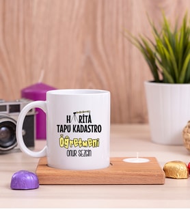 Harita Tapu Kadastro Öğretmeni Ahşap Altlıklı Mumlu Beyaz Kupa Bardak
