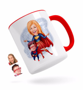 BK Gift Kişiye Özel Süper Anne ve Çocuk Karikatürlü Kırmızı Kupa Bardak