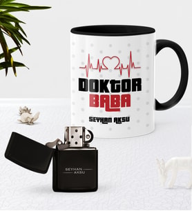 BK Gift Kişiye Özel Doktor Baba Siyah Kupa Bardak Benzinli Metal Çakmak Seti-2 (Model 1)