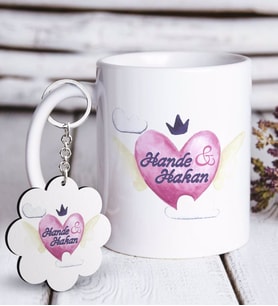 BK Gift Kişiye Özel Sevgililer Günü Beyaz Kupa ve Anahtarlık Hediye Seti-23 (Model 1)