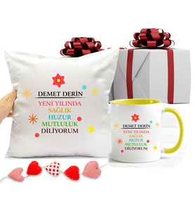 2021 Yılbaşı Hediye Seti Yastık ve Sarı Kupa Bardak