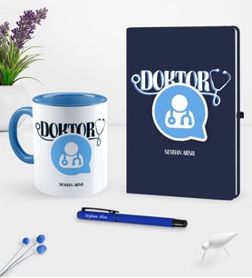 BK Gift Kişiye Özel Doktor Temalı Lacivert Defter Kalem Kupa Seti - 11 (Model 1)