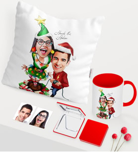 BK Gift Kişiye Özel Yılbaşı Sevgililer Karikatürlü Kırmızı Kupa Ayna Yastık Seti - 1