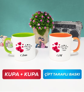 İkili Sevgililer Günü Hediyesi Kupa Bardak Yeşil Turuncu
