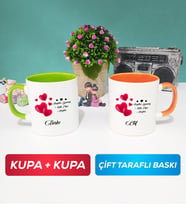 İkili Sevgililer Günü Hediyesi Kupa Bardak Yeşil Turuncu